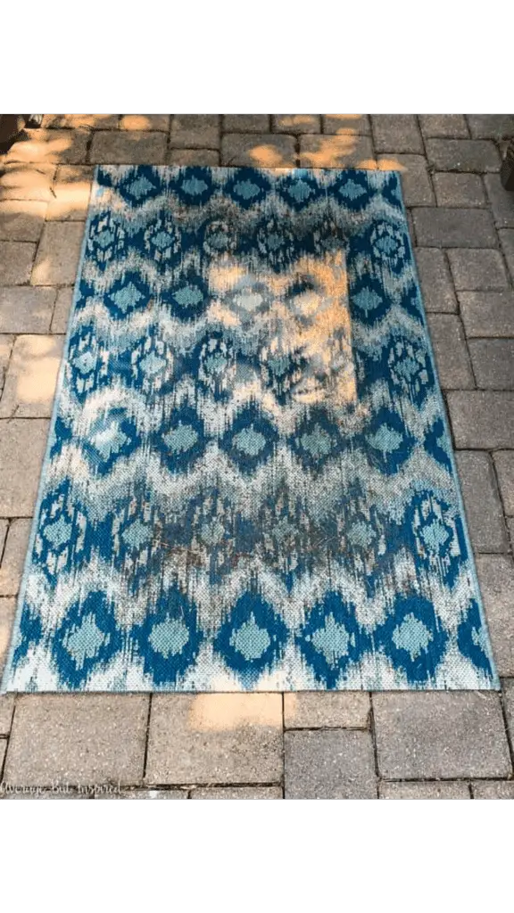 Blue and white outdoor rug that is mold